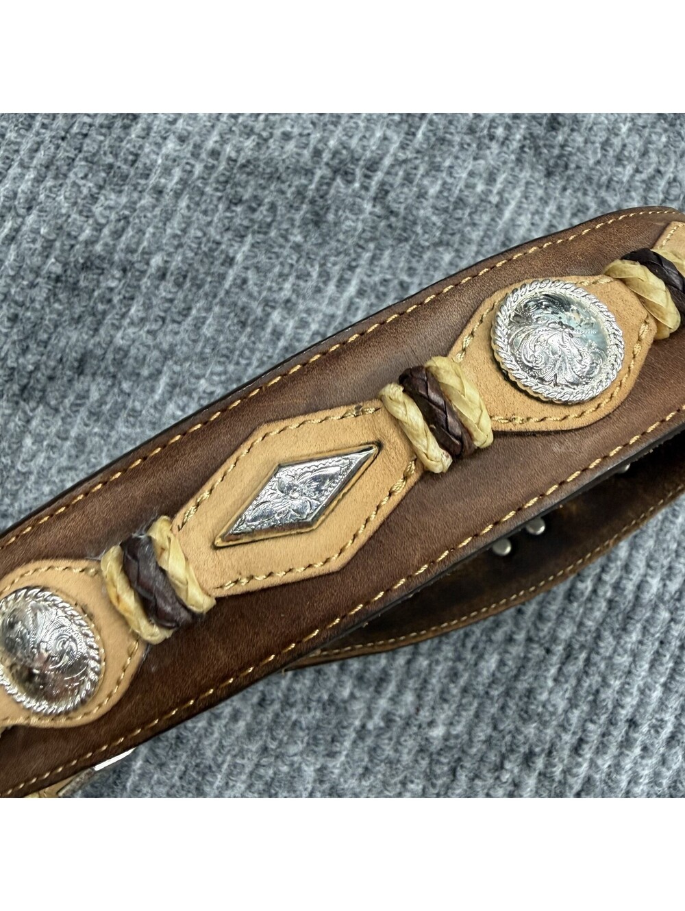 Justin Belt Mens 38 Brown Leather Western Concho Studded Engraved Silver Buckle - Picture 6 of 15